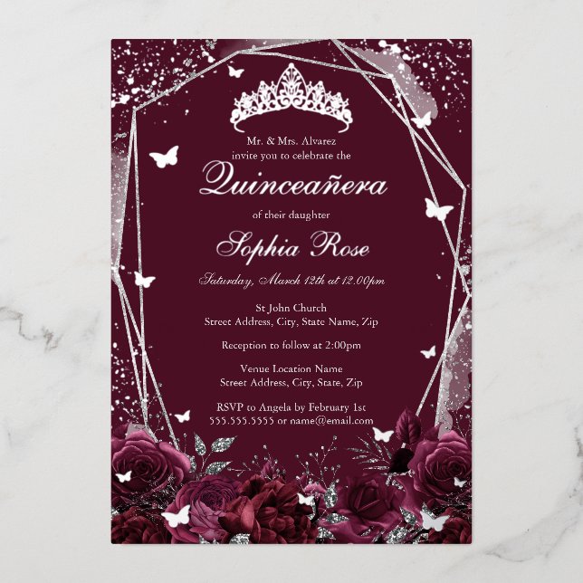 Invitation En Aluminium Fleur Bourgogne Tiara Silver Quinceanera (Recto)