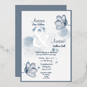 Invitation En Aluminium Fleur d'aquarelle bleue et Ampersand d'argent