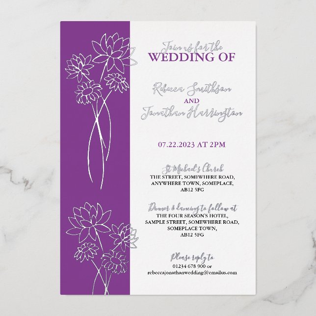 Invitation En Aluminium Fleur d'argent violet Photo Mariage Foil Invitatio (Recto)