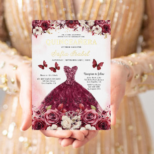 Invitation En Aluminium Fleur de Bourgogne Papillon Princesse Quinceanera