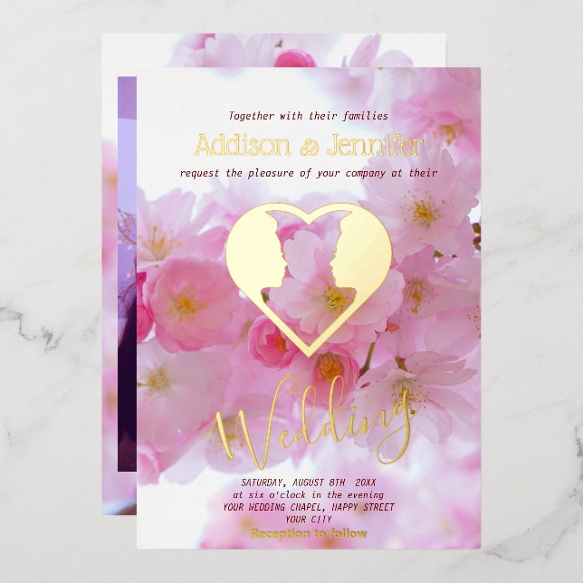 Invitation En Aluminium Fleur de cerisier rose & OR - mariage gay (Recto/Verso)