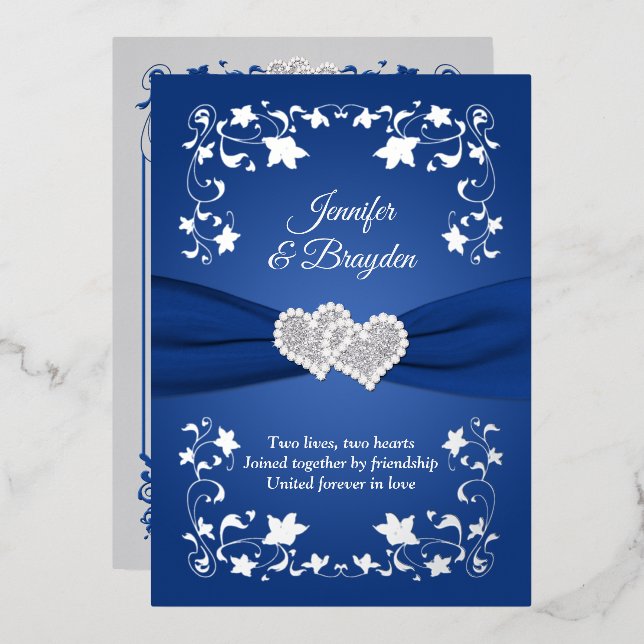 Invitation En Aluminium Fleur de feuille d'argent, cœurs unis de mariage (Recto/Verso)