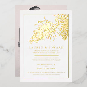 Invitation En Aluminium Fleur de Grevillea or et blanc mariage 