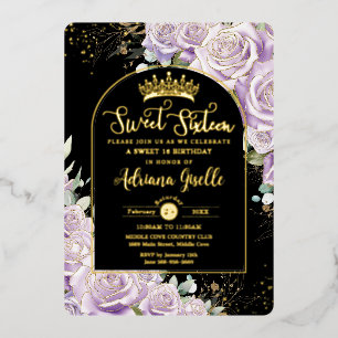 Invitation En Aluminium Fleur de lilas violet Anniversaire 16 ans Or noir
