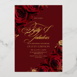 Invitation En Aluminium Fleur de rose rouge en feuille d'or pour 50e anniv