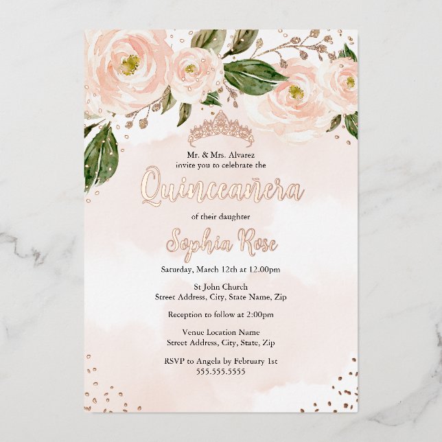 Invitation En Aluminium Fleur d'or rose pâle Tiara Quinceanera (Recto)