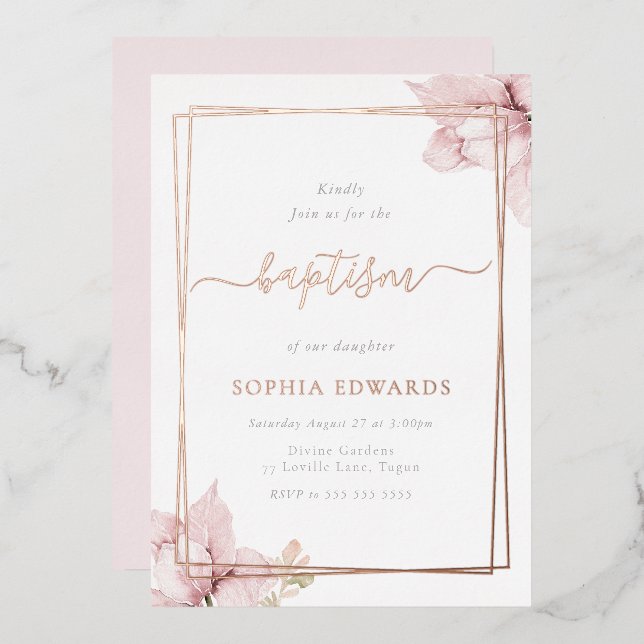 Invitation En Aluminium Fleur floue Pétale Élégante Filles Baptême Rose Or (Recto/Verso)