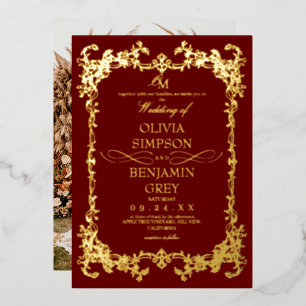 Invitation En Aluminium Fleur française Royale Rouge Or Mariage