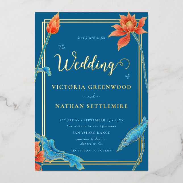 Invitation En Aluminium Fleur Lotus moderne orange et Mariage bleu (Recto)