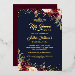 Invitation En Aluminium Fleur Navy Bourgogne Rouge Or Quinceanera