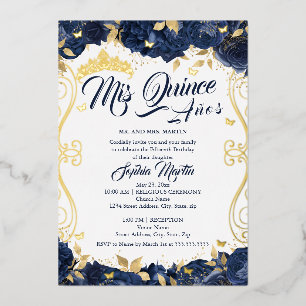 Invitation En Aluminium Fleur Navy Garden Or Quince Quinceanera 