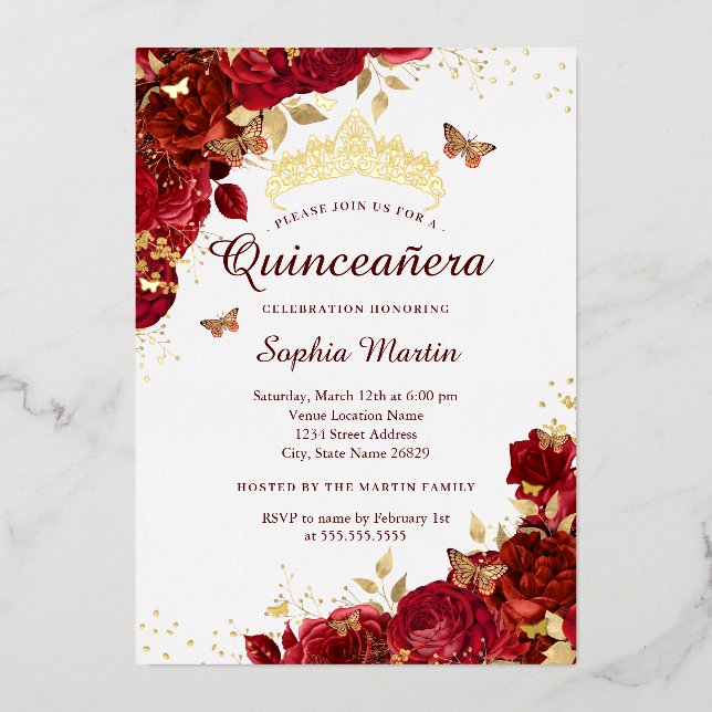 Invitation En Aluminium Fleur Or Papillon rouge élégant Quinceanera (Recto)