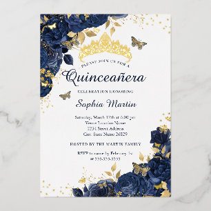 Invitation En Aluminium Fleur papillon de marine dorée Élégante Quinceaner