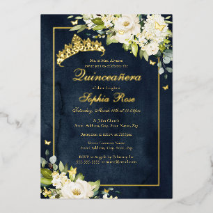 Invitation En Aluminium Fleur Papillon Doré Navy Quinceanera 