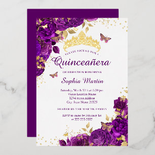 Invitation En Aluminium Fleur Papillon Élégant Violet Quinceanera 
