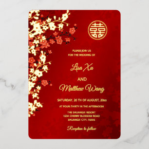 Invitation En Aluminium Fleur rouge de cerisier or Mariage chinois