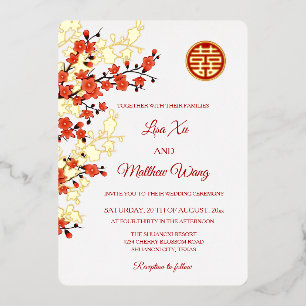 Invitation En Aluminium Fleur rouge de cerisier or Mariage chinois