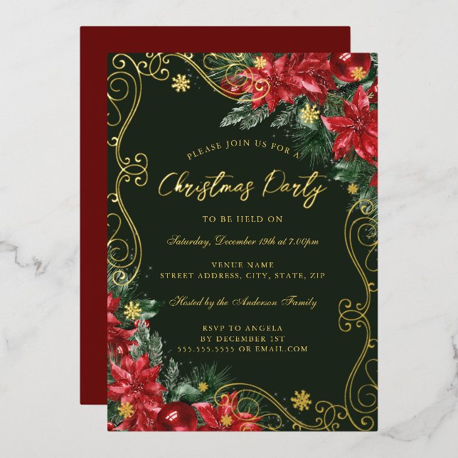 Invitation En Aluminium Fleur Rouge Vert Festive Fête de Noël (Recto/Verso)