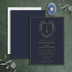 Invitation En Aluminium Fleur sauvage bleu classique Monogram Crest Mariag