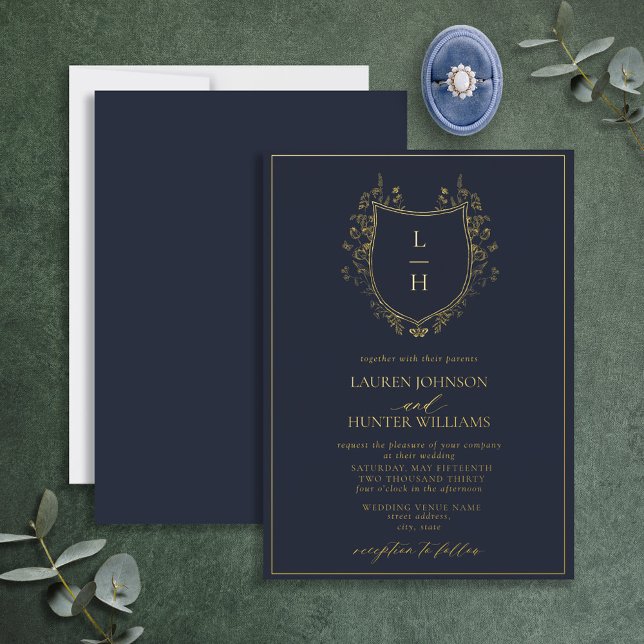 Invitation En Aluminium Fleur sauvage bleu classique Monogram Crest Mariag (Créateur téléchargé)