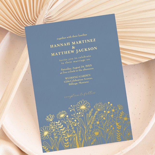 Invitation En Aluminium Fleur sauvage Elegant Dusty Blue et Mariage or (Créateur téléchargé)