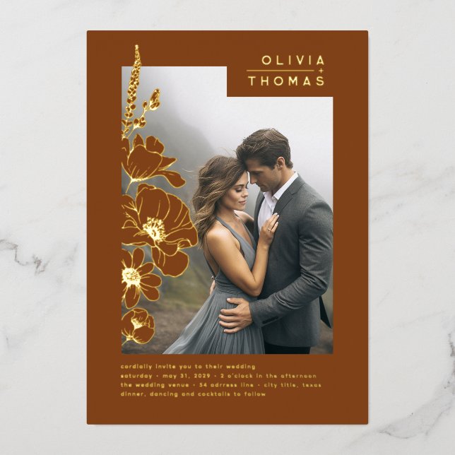 Invitation En Aluminium Fleur sauvage Élégant Mariage en terre cuite Photo (Recto)