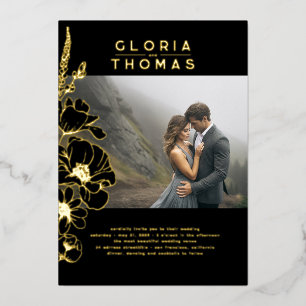 Invitation En Aluminium Fleur sauvage Élégant noir moderne photo Mariage