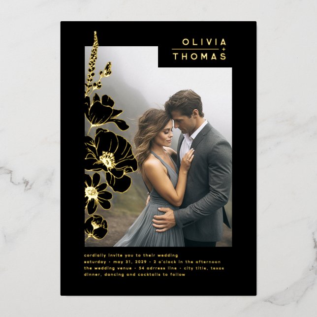 Invitation En Aluminium Fleur sauvage Élégant Romantique Black Mariage pho (Recto)