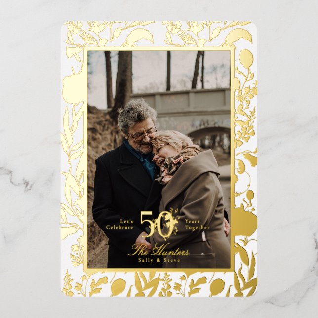 Invitation En Aluminium Fleur sauvage Gold Leaf 50E Mariage Anniversaire F (Recto)