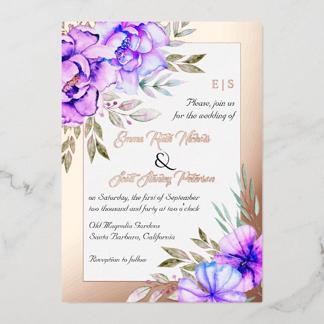 Invitation En Aluminium Fleuron mauve mariage fleuri or rose (Recto)