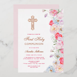 Invitation En Aluminium Fleurs à l'aquarelle Première Communion