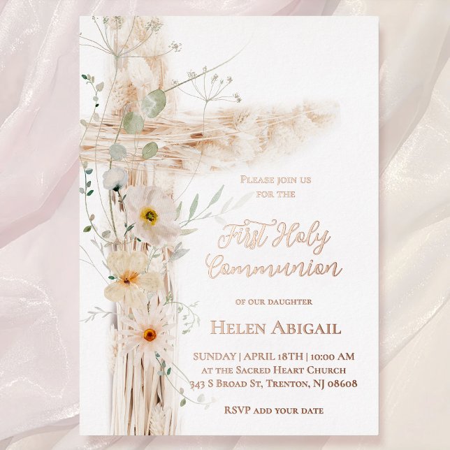 Invitation En Aluminium fleurs aquarelle croix Première Communion (Créateur téléchargé)