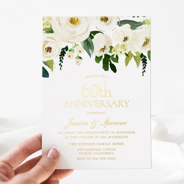 Invitation En Aluminium Fleurs blanches 60e anniversaire de Mariage or (Créateur téléchargé)
