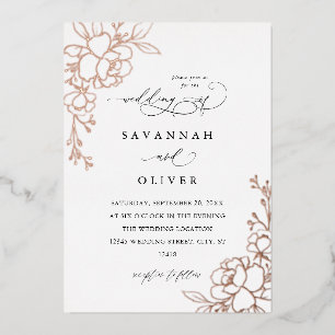 Invitation En Aluminium Fleurs blanches avec dorure, mariage noir et feuil