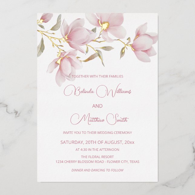 Invitation En Aluminium Fleurs blanches d'or (Recto)