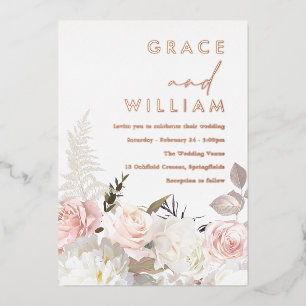 Invitation En Aluminium Fleurs blanches et bleues Mariage moderne Rose or