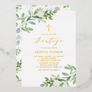 Invitation En Aluminium Fleurs blanches et verdure à l'aquarelle Bautizo