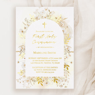 Invitation En Aluminium fleurs blanches jaunes Première Sainte Communion