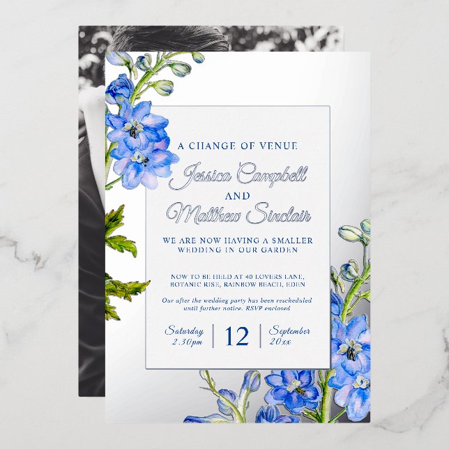 Invitation En Aluminium Fleurs bleues de Delphinium changement de mariage  (Recto/Verso)