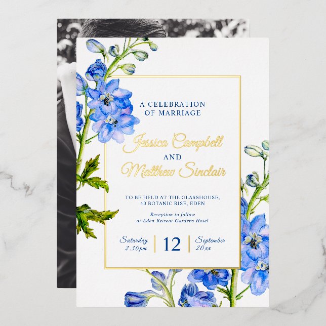 Invitation En Aluminium Fleurs bleues de Delphinium et mariage d'été or (Recto/Verso)