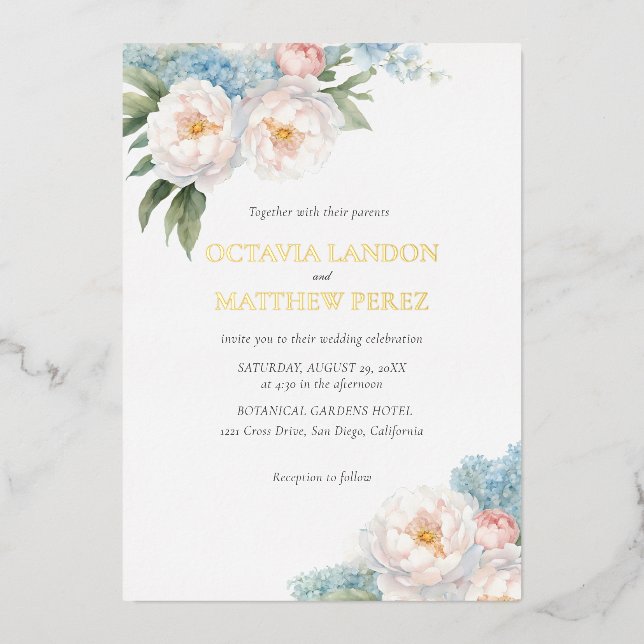 Invitation En Aluminium Fleurs bleues douces et roses classique Botanique (Recto)