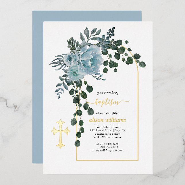 Invitation En Aluminium Fleurs bleues poussiéreuses et arche fleurie baptê (Recto/Verso)
