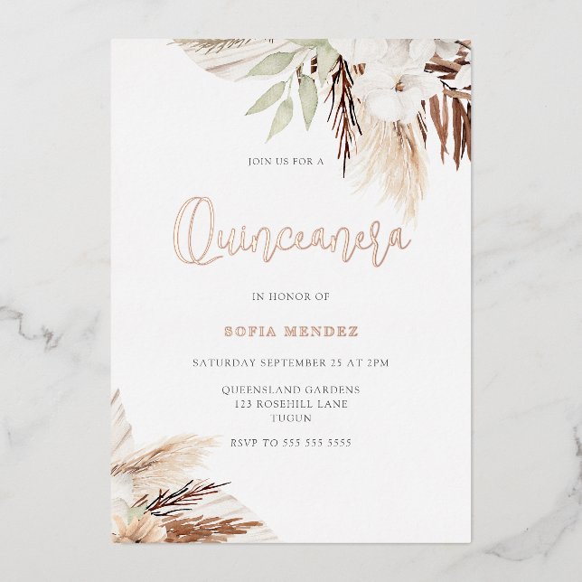 Invitation En Aluminium Fleurs Boho Blanches Sage Quinceanera Rose Gold (Recto)