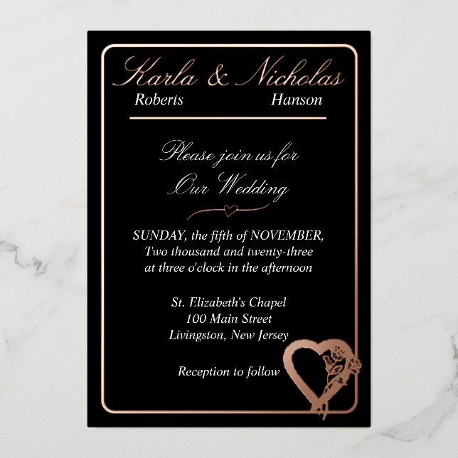 Invitation En Aluminium Fleurs Coeurs Et Roses, Élégant Mariage Noir (Recto)