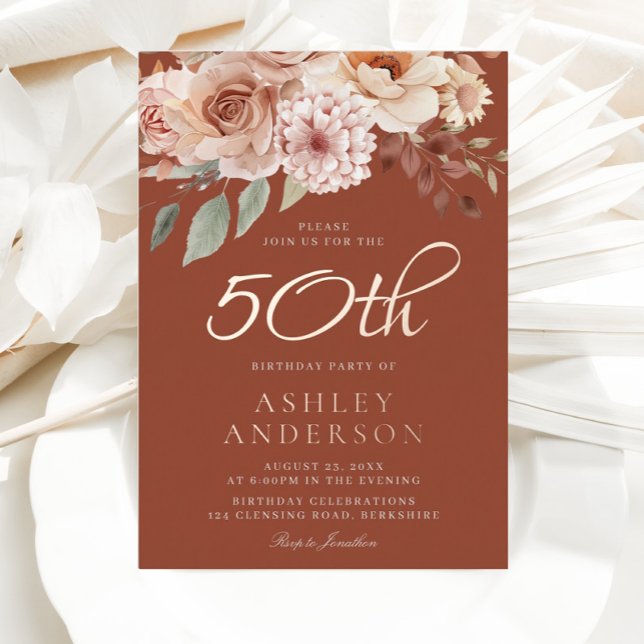 Invitation En Aluminium Fleurs de Bohême Rose Gold Foil 50e anniversaire (Créateur téléchargé)