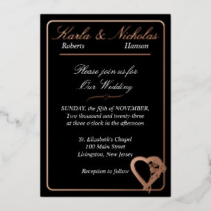 Invitation En Aluminium Fleurs de cœur et de rose, élégant mariage noir