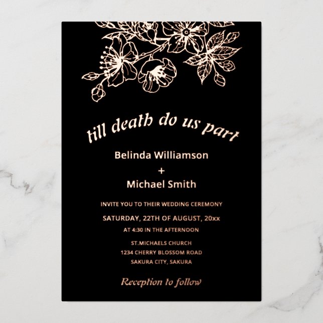 Invitation En Aluminium Fleurs de cuivre noir | Mariage gothique (Recto)