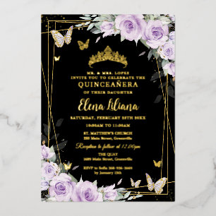 Invitation En Aluminium Fleurs de lilas pourpre Roses Fête de Quinceañera 