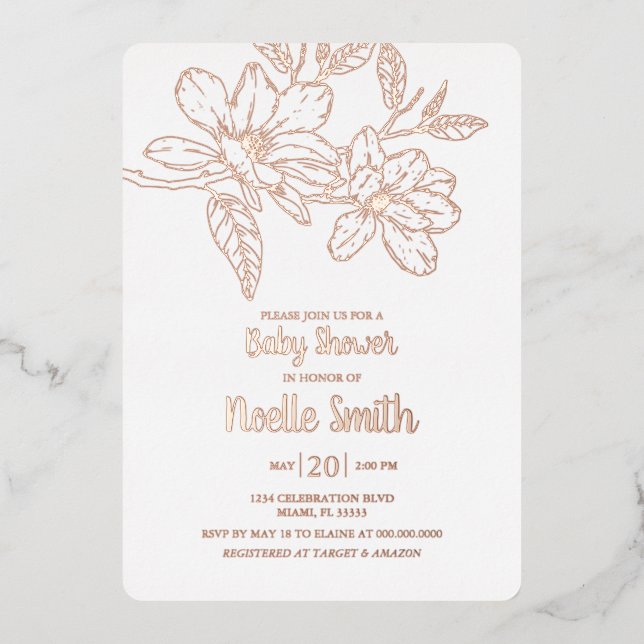 Invitation En Aluminium Fleurs de Magnolia Élégantes, Baby shower (Recto)