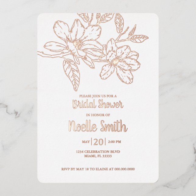 Invitation En Aluminium Fleurs de Magnolia Élégantes, Fête des mariées (Recto)